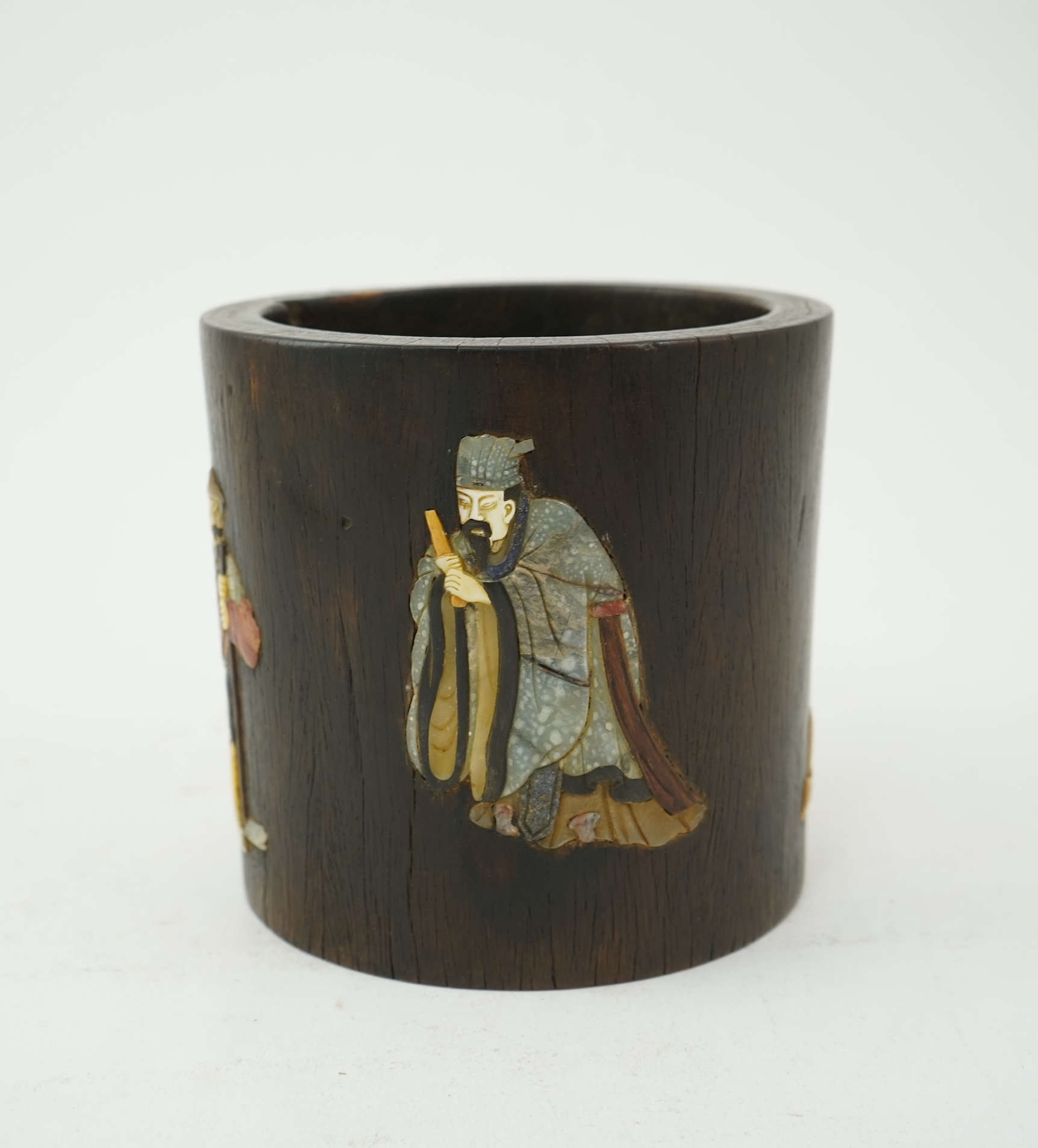 A Chinese soapstone and mother-of-pearl inlaid hardwood brushpot, possibly zitan